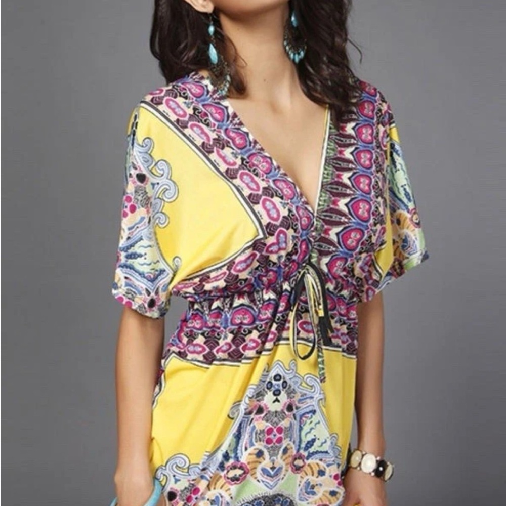 Women’s Yellow And Pink Printed Dress With Tie Size Large